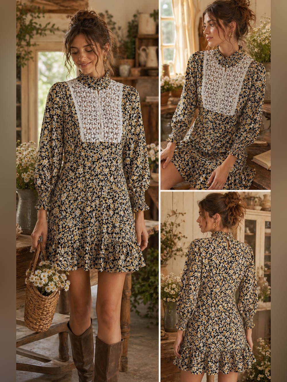 ELLISON Floral Smocked Mini Dress Black Mustard Ruffle High Neck Size Small